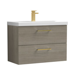 Balterley Wall Hung Bathroom 2 Drawer Vanity Unit and 1 Tap Hole Ceramic Basin, Woodgrain Mid Oak with Handles Brown