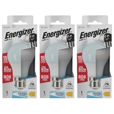 Energizer LED GLS B22 806lm 7.3W 6500K (Daylight) Light Bulb - Pack of 3