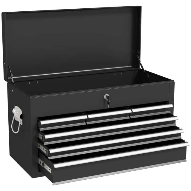 HOMCOM 6 Drawer Tool Chest, Lockable Metal Tool Box with Top Case, Ball Bearing Runners, Portable Toolbox, 600mm x 260mm x 340mm, Black Black
