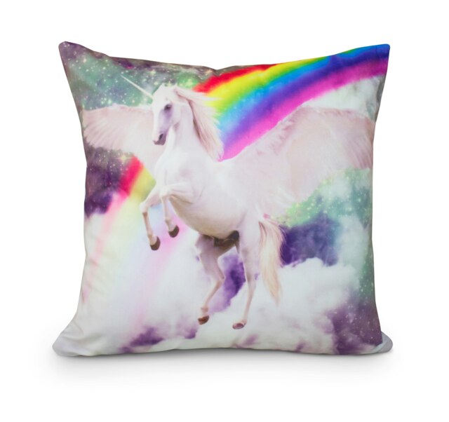 Colourful Unicorn Printed Cushion - 43cm x 43cm Multi Flying Unicorn Rainbow