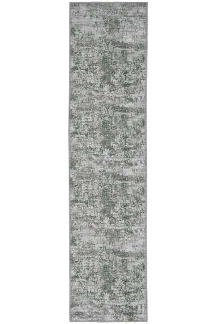 KUKOON Silver Grey Green Distressed Abstract Non Slip Washable Low Pile Runner Rug 80cm x 300cm Green