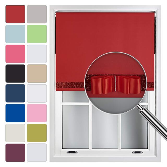 FURNISHED Blackout Roller Blind with Black Glitter Trim and Red Bow Cut to Size Red Red (W) 150cm x (L) 165cm