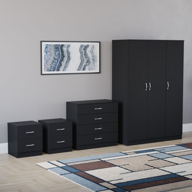 Vida Designs Riano 4 Piece Bedroom Set (2x 2 Drawer Bedside Chest, 4 Drawer Chest, 3 Door Wardrobe) - Black