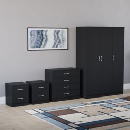 Vida Designs Riano 4 Piece Bedroom Set (2x 2 Drawer Bedside Chest, 4 Drawer Chest, 3 Door Wardrobe) - Black