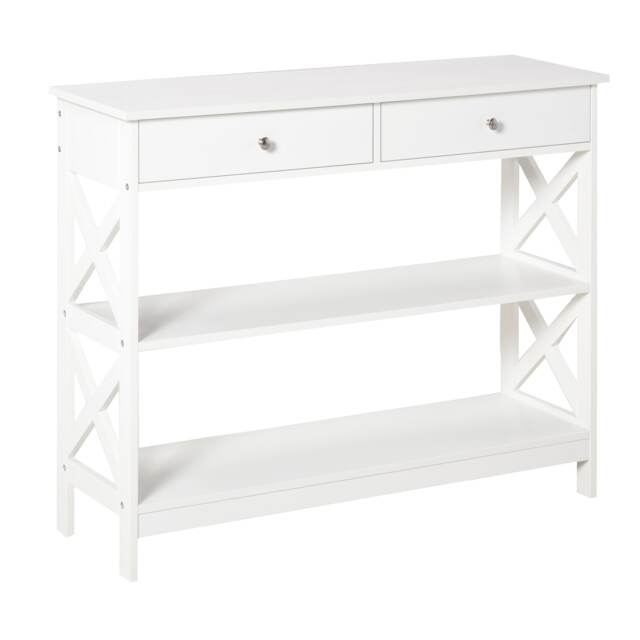 HOMCOM Console Table Side Desk with Shelves Drawers Open Top X Support Frame Living Room Hallway Home Office Furniture White Yellow White 1