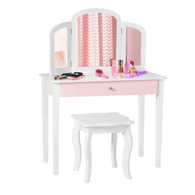 COSTWAY Princess Makeup Dressing Table Kids Vanity Set White