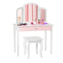 COSTWAY Princess Makeup Dressing Table Kids Vanity Set White