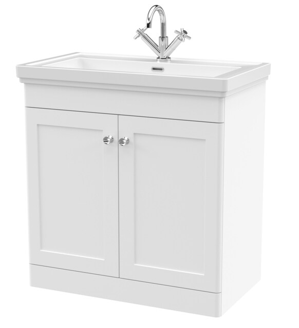 Balterley Classic Traditional Bathroom Floor Standing 2-Door Vanity Unit & Fireclay Basin White Satin White