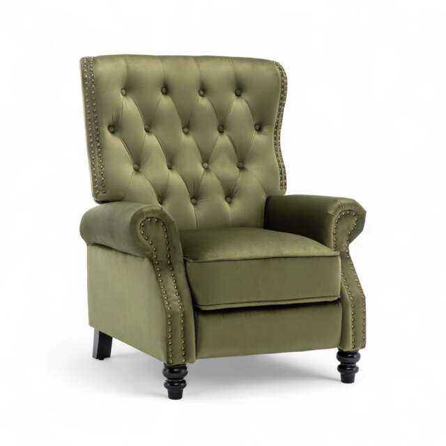 Velvet Sage Green Buttoned Carmona Wingback Recliner Chair