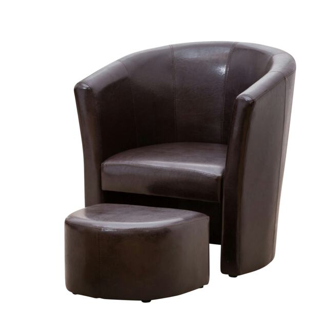 Halewood Faux Leather Tub Chair with Integrated Stool - Brown
