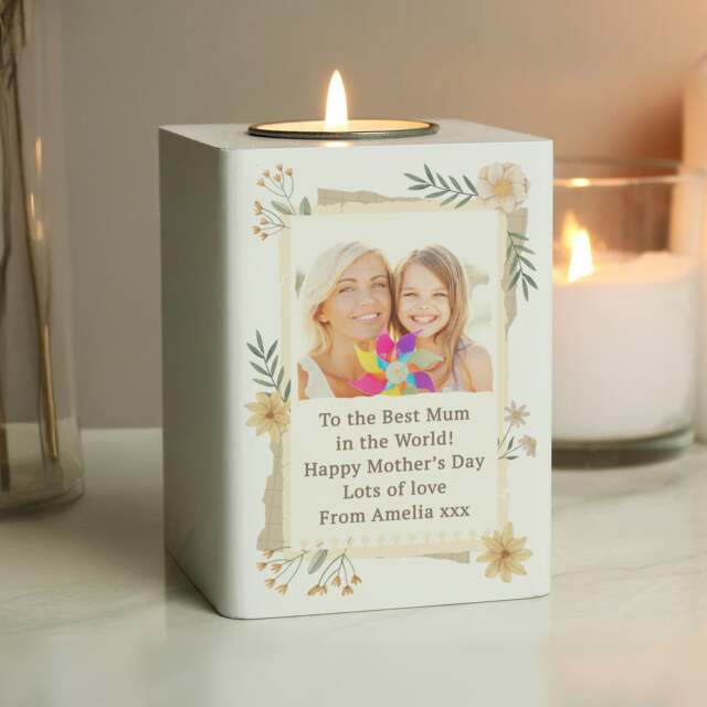 Personalised Wild Flowers Photo Upload Tealight Holder White