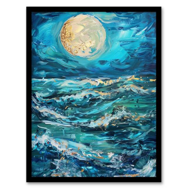 Oceans Waves Under Full Moon Oil Dark Home Decor Black Framed Wall Art Print A4
