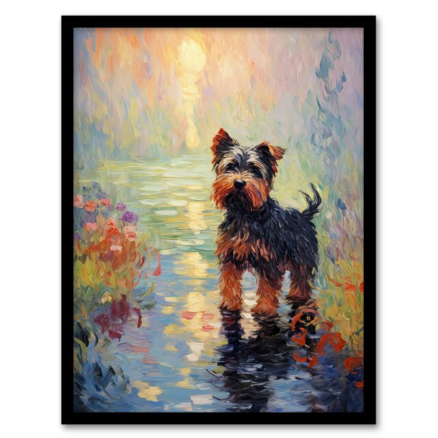 Yorkshire Terrier Claude Monet Style Dog Oil Black Framed Wall Art Print A4