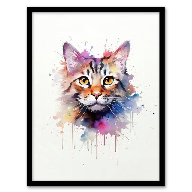 Cat Tabby Watercolour Pet Portrait Home Decor Black Framed Wall Art Print A4