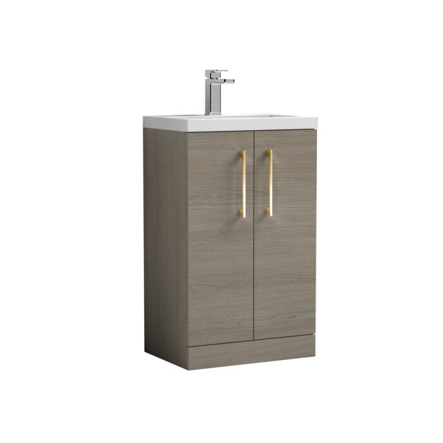 Balterley Level Compact Bathroom Cloakroom Vanity Basin Unit with Polymarble Basin, Handles, Mid Oak Brown Grey Vicenza Oak 840 x 503 x 353mm