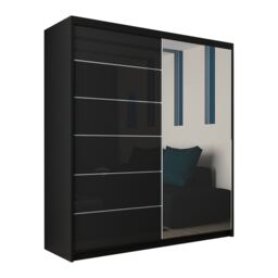 Modern High Gloss Storage Wardrobe with Mirror - Black 200cm
