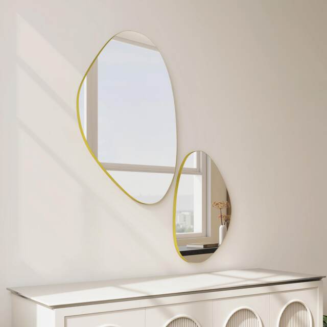HOMCOM Pebble-Shaped Decorative Mirror, Set of 2 Wall Mirror, Gold Tone Gold Gold tone 70 x 46 x 2.5 cm, 49.5 x 31 x 2.5 cm