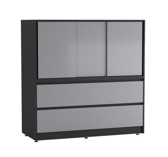 120cm 3 Sliding Door 4 Drawer Bedside Cabinet Storage End Unit Bedroom Furniture Multi Black with Grey Doors 1