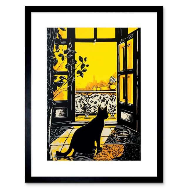 "Black Cat Sunbathing by Balcony Yellow Black Bright 9x7"" Black Framed Wall Art Print"