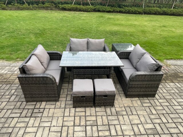Fimous 8 Seater Outdoor Rattan Garden Furniture Set with Patio Rectangular Dining Table Love Sofa Side Table 2 Small Footstools Dark Grey Mixed