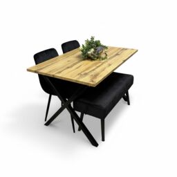 Modern Dining Table Set with Padded Bench and Black Velvet Chairs – Wood Effect Tabletop with X-Shaped Metal Legs – Stylish Kitchen or Dining Room Furniture