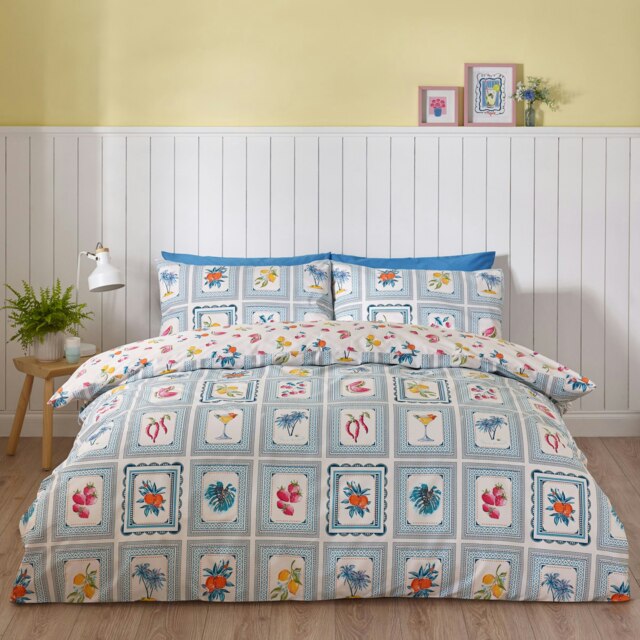 Catherine Lansfield Riviera Tiles Reversible King Duvet Cover Set Blue