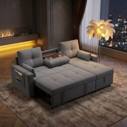 FENCHILIN Sofa Bed with Pull-Out Sleeper Reversible Chaise Drop-Down Cup Holder Side Pockets Grey