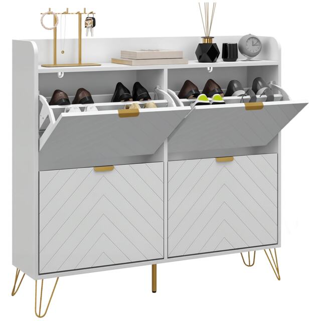 HOMCOM Narrow Shoe Cabinet with 4 Flip Drawers, Slim Shoe Storage Cabinet with Adjustable Shelves, Hairpin Legs and 4 Vents for 16 Pairs of Shoes for Entryway, White