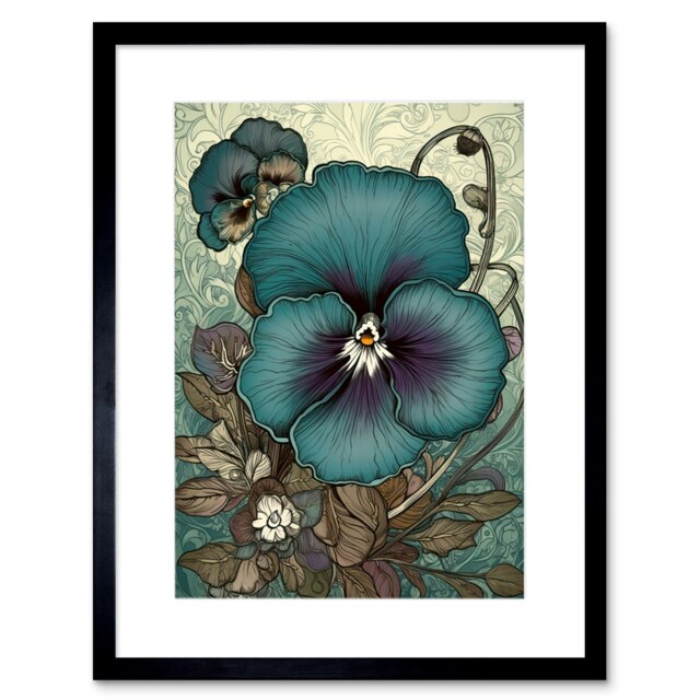 "Blue Purple Pansy Flower Floral Patterns 9x7"" Black Framed Wall Art Print"