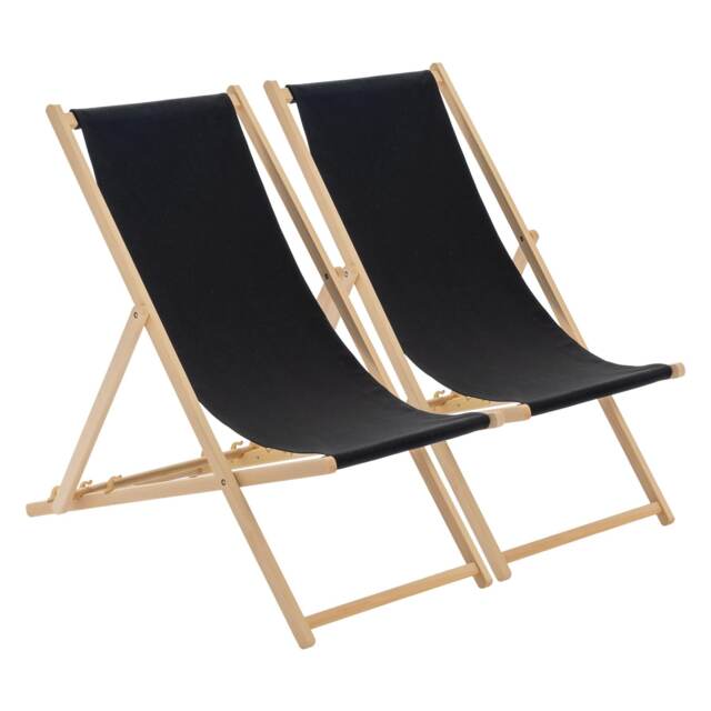 Harbour Housewares Wooden Deck Chairs - 2x Traditional Outdoor Folding Reclining Canvas Sun Lounger Chair Seat - Black