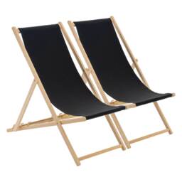 Harbour Housewares Wooden Deck Chairs - 2x Traditional Outdoor Folding Reclining Canvas Sun Lounger Chair Seat - Black