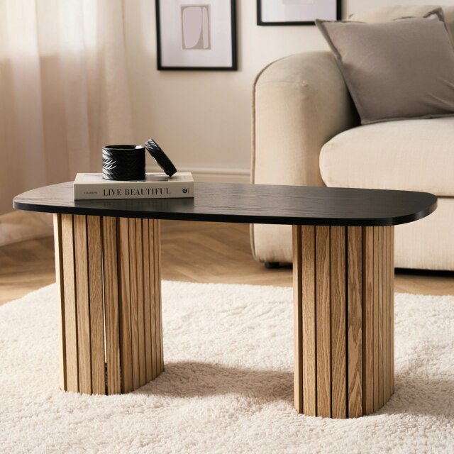 OHS Ribbed Curved Home Furniture Living Room Decor Coffee Table Multi Light Wood and Black