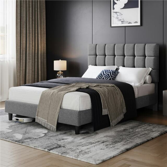 Yaheetech 150 cm W × 200 cm L Upholstered Bed Frame Light Grey