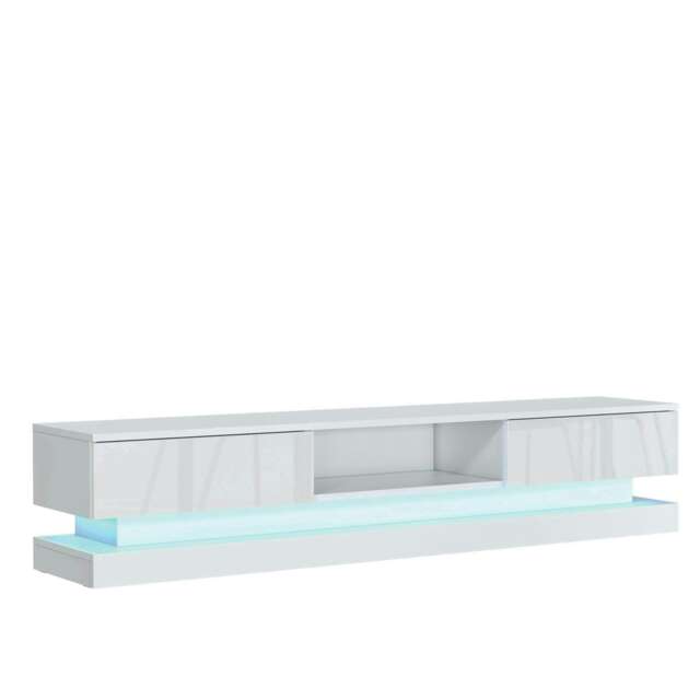 TV Unit 180cm White Gloss Fronts White Matt Body with LED Base White One Size 1