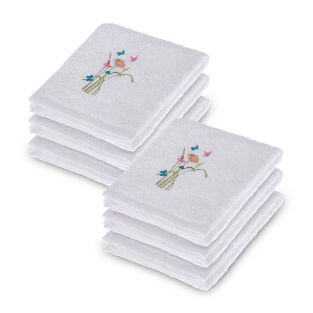 Homescapes Turkish Cotton Embroidered Butterfly White Face Cloth - Set of 6