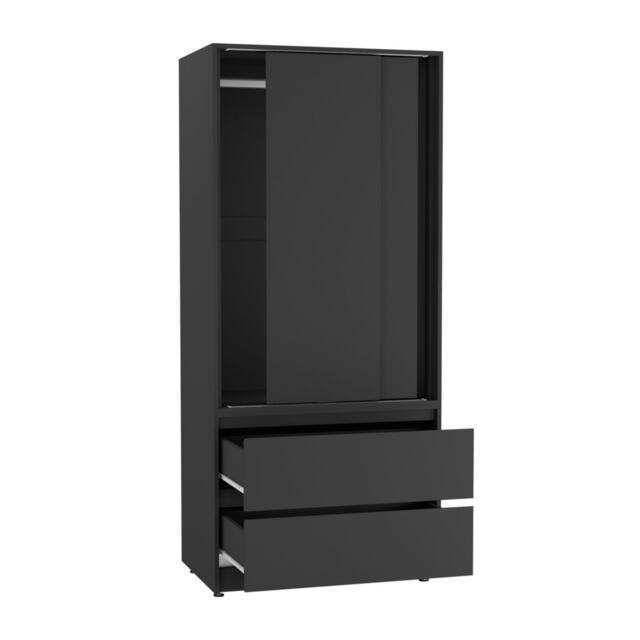 URBNLIVING 2 Sliding Door Wardrobe With 2 Drawers And Hanging Rail Black Black Doors 1