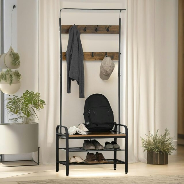 Industrial Coat Rack Stand With 2 Shelves & 8 Hooks Multi One Size