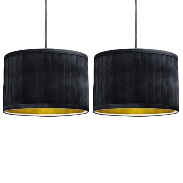 Set of 2 Sundance - Black Pleated 30cm Lamp Shades with Gold Inner Black Black velvet with gold cardboard inner detail 2