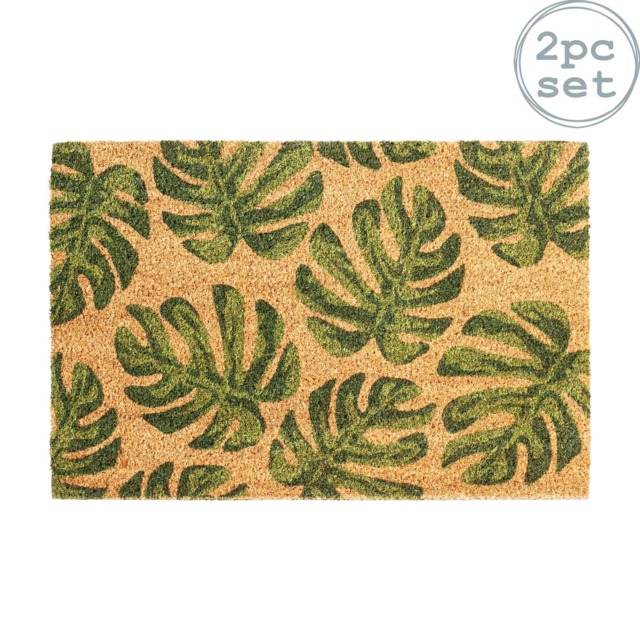 Nicola Spring 2x Coir Door Mats - 90 x 60cm - Monstera - Indoor Outdoor Floor Mat Dirt Trapper Rug Non Slip Backing Doormat