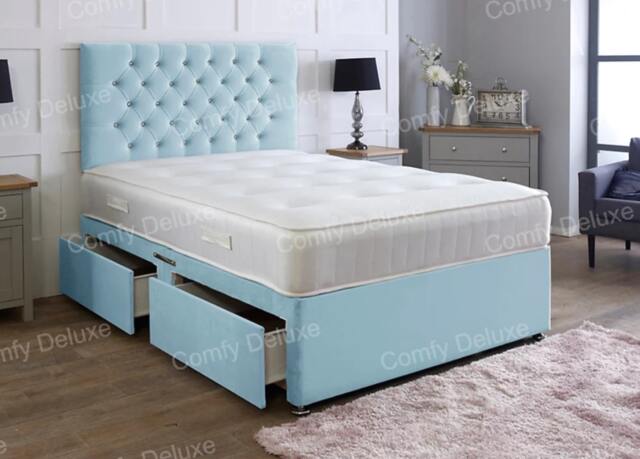 4ft6 Double Sky Blue Plush Velvet Divan Bed With Headboard & Memory Sprung Mattress 4 Drawers