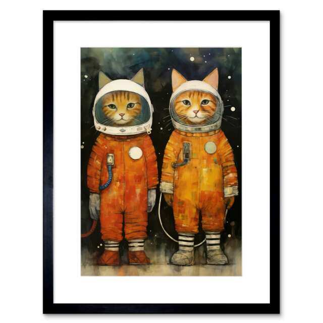 "Cosmic Astronaut Cats Outer Space Moonwalk 9x7"" Black Framed Wall Art Print"