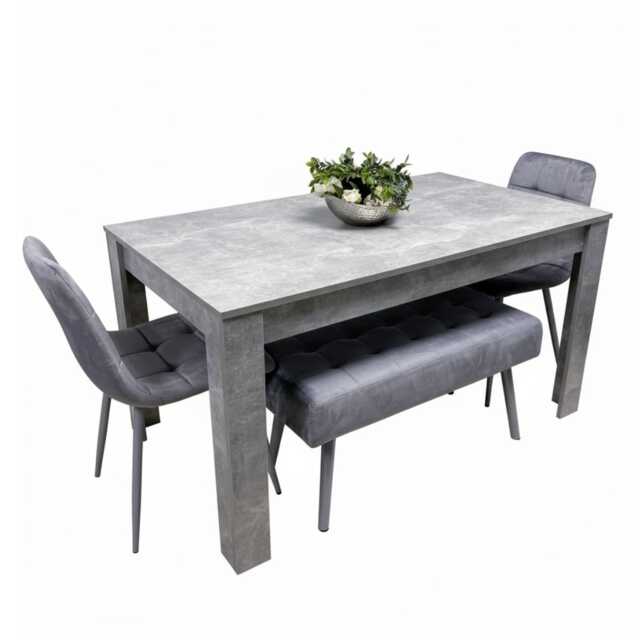 Grey Wooden Dining Table Set with 2 Grey Chairs and 2 Benches - Dining Kitchen Room Furniture