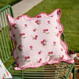 Furn Fruits Cherries Gingham Check Outdoor Cushion Pink Pink