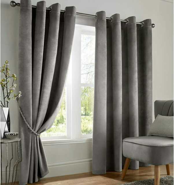 Velvet Blackout Eyelet Curtains - Silver 229 cm x 182 cm Silver