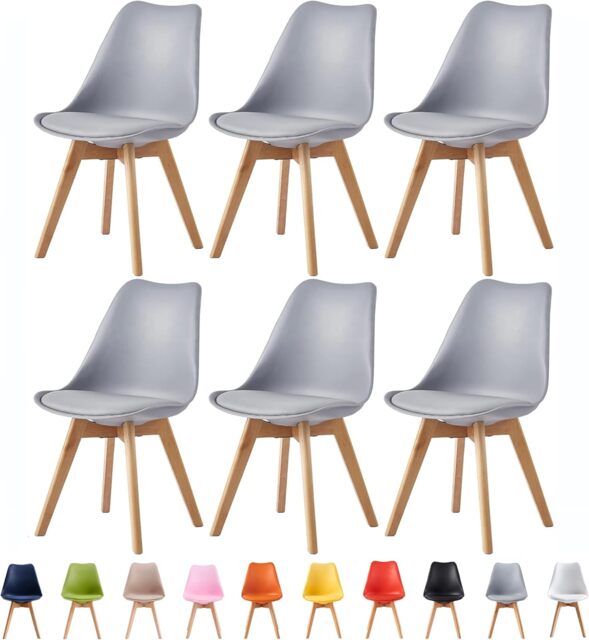 Set of 6 Dining Chairs with Solid Wooden Legs and Seat Cushion Pads in Grey - Eva by MCC