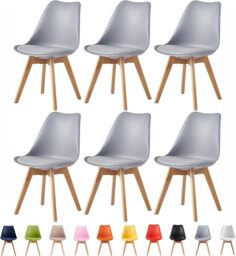 MCC Direct Set of 6 Plastic Dining Chairs with Wooden Legs Kitchen Chairs Eva