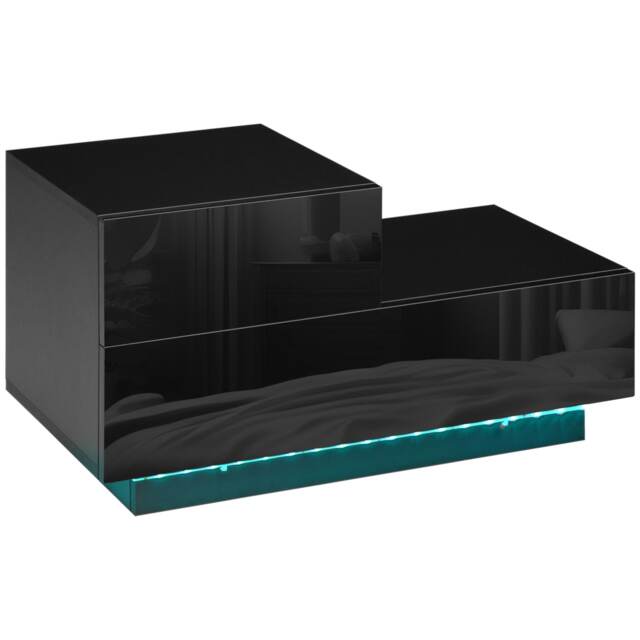 HOMCOM Bedside Table with LED Light, Nightstand with 2 Drawers and High Gloss Front, USB Powered Side Table with Remote for Bedroom, Living Room, Black