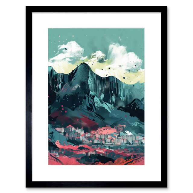 "Mountain Cliffs Alpine Town Coral Teal Landscape 9x7"" Black Framed Wall Art Print"