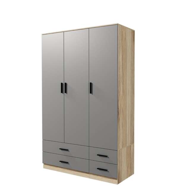 3 Door 4 Drawer Wardrobe With Hanging Rail And Storage Shelf Brown Oak Carcass & Grey Door 1