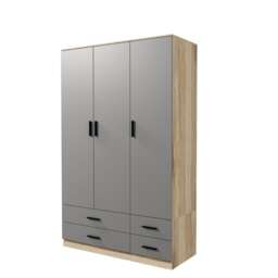3 Door 4 Drawer Wardrobe With Hanging Rail And Storage Shelf Brown Oak Carcass & Grey Door 1